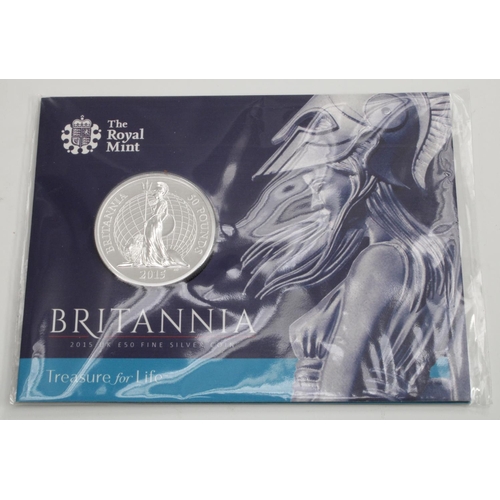 3449 - A collection of UK silver bullion 2 ounce coins: 1998 Britannia frosted proof in packet; 2015 £100 B... 