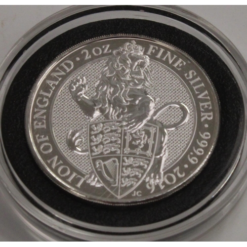 3449 - A collection of UK silver bullion 2 ounce coins: 1998 Britannia frosted proof in packet; 2015 £100 B... 