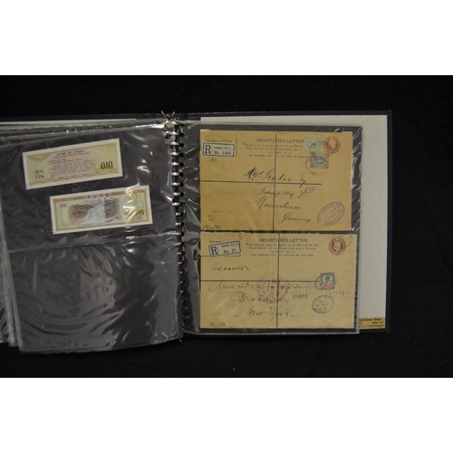 374 - Numismatics - an album of bank notes including two Bank Of England white £5 notes one signed K O Pep... 