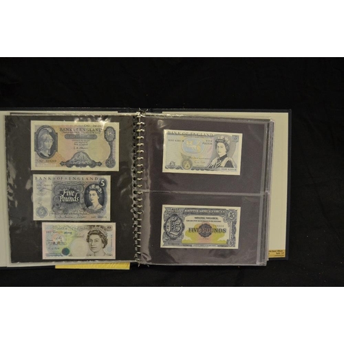 374 - Numismatics - an album of bank notes including two Bank Of England white £5 notes one signed K O Pep... 