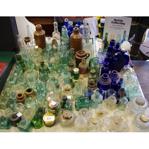 427 - Inkwells & Salvage - various 19th century cobalt ink bottles; travelling  inkwells; a three leaf clo... 