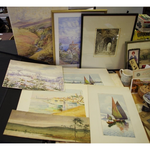 428 - An interesting portfolio of 19th century and later watercolours and prints including an Umberto Onga... 