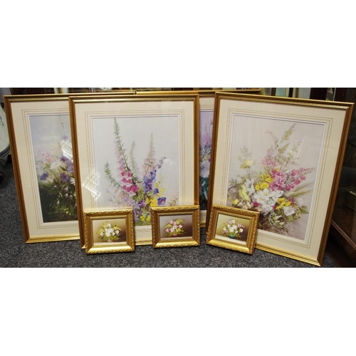 431 - After Vernon Ward still life observations of flowers decorative gilt frames; three original miniatur... 