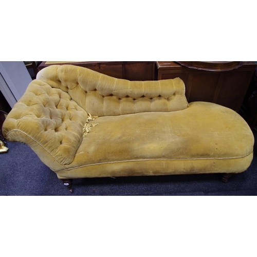 456 - A Victorian chaise lounge/day bed, scroll arm, button back, circa 1860, 188cm long