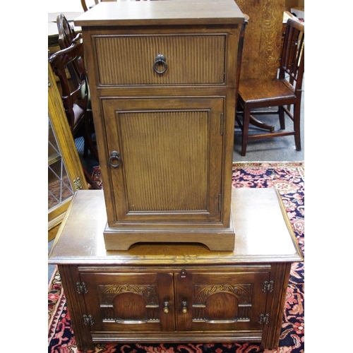 472 - A Bevan Funnell oak TV stand, Priory style doors to cupboard base; a modern bedside cabinet. (2)