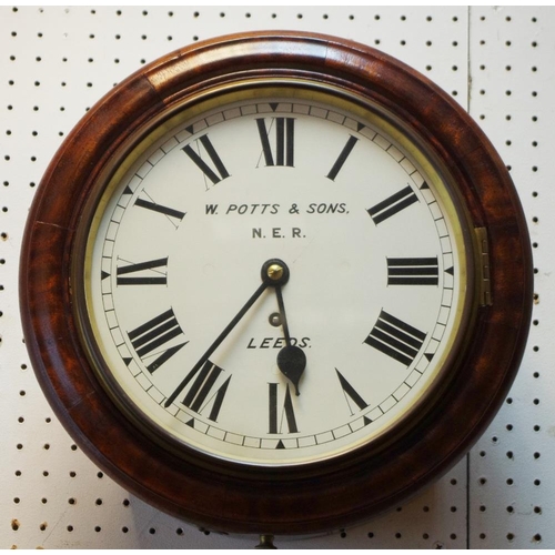 491 - A late Victorian railway clock, the enamel dial painted W.Potts & Sons N.E.R Leeds, mahogany case, f... 