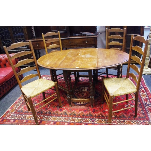 511 - A barleytwist oak gateleg table, oval top; four ladderback chairs, raffia seats;  A 17th century sty... 