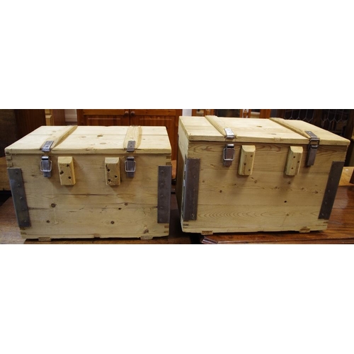 519 - A pair of metal bound pine industrial storage boxes (metal swing handles for fitting). 40.5cm high x... 