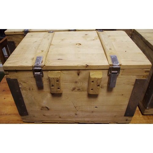 523 - A pair of metal bound pine industrial storage boxes (metal swing handles for fitting). 40.5cm high x... 