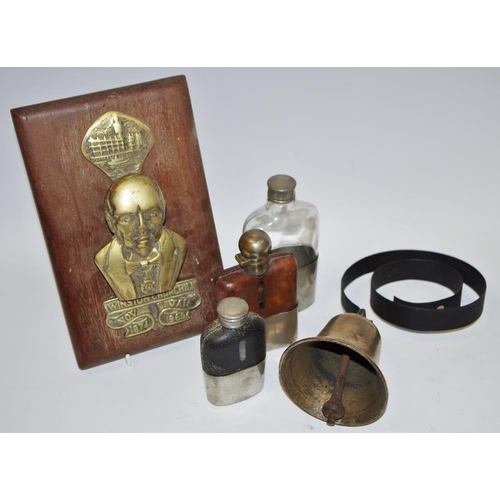 65 - A Winston Churchill door knocker,mahogany mount; early 20th century pewter mounted leather hip flask... 