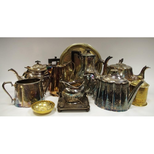 77 - Plated Ware  - a three piece EPNS tea and coffee service;   other tea ware;    a butter dish stand; ... 