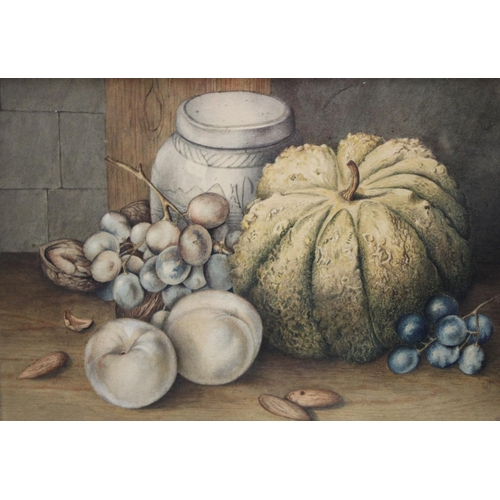 104 - English School (19th century) Still Life, Melon, Grapes, Peaches and Nuts signed with initials EM, w... 