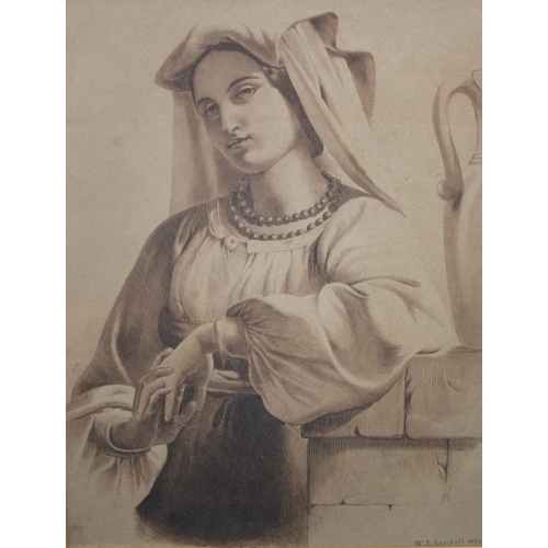 106 - W J Stockall A Classical Beauty signed, dated 1883, sepia watercolour, 37cm x 28cm