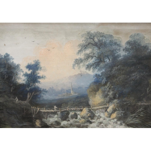 118 - English School (18th century) Picturesque Landscape with Figures on a Bridge watercolour, 21cm x 29.... 