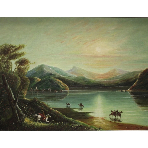 257 - American School  Native Americans at a Lake oil on canvas, 44cm x 59cm