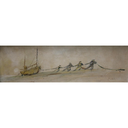 261 - Brendan S Plunkett Hauling in the Fishing Boat signed, label to verso, oil on board, 14.5cm x 48.5cm