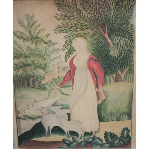 268 - English Primitive School (18th/early 19th century) Naive Shepherdess and Lambs watercolour, 41.5cm x... 