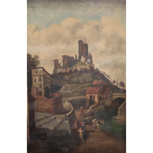 271 - English School (19th century) A Conversation, The Castle Approach oil on mahogany panel, 54cm x 36cm