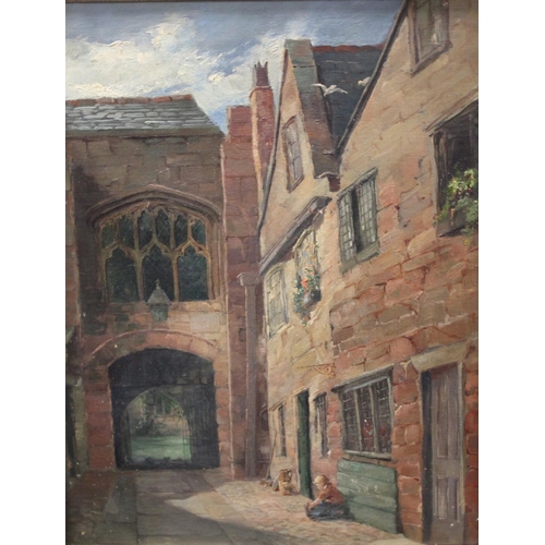 274 - English School (19th century) College Yard with Child Seated oil on canvas, 42.5cm x 32.5cm