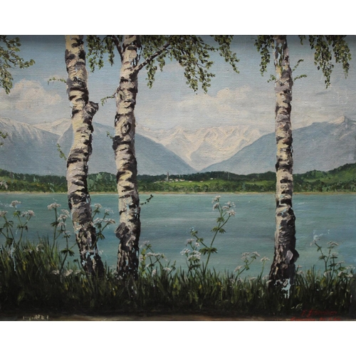 285 - F Shreiber A Canadian Lake signed and inscribed Canada 20.7.44, oil on canvas, 38.5cm x 48.5cm