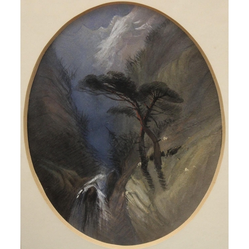 290 - Henry Bright (19th century) A Mountain Gorge watercolour, the oval mount with attribution, 22.5cm x ... 