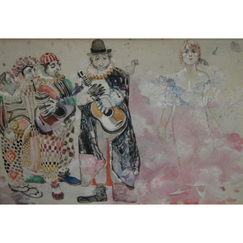 295 - John Peter Uht (American Bn.1924) Circus Clowns, Leoni & Petzi Brothers signed, watercolour, 19.5cm ... 