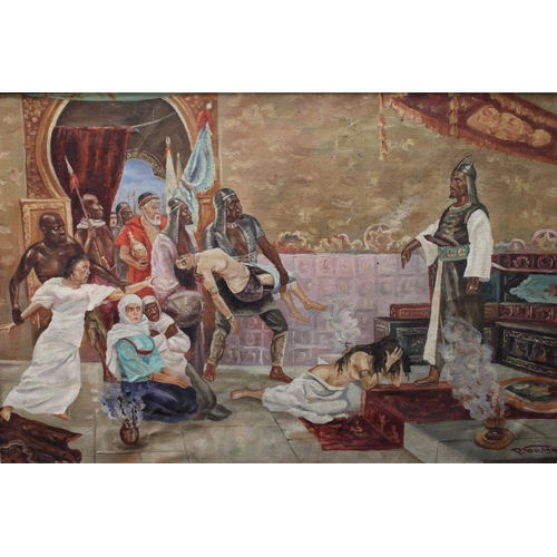 302 - Orientalist School The Hareem indistinctly signed, oil on canvas, 49cm x 74.5cm