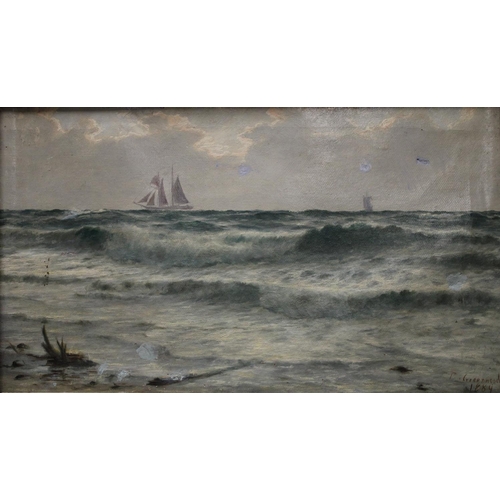 303 - P Greenwood (19th century) Seascape, Boats on the Horizon signed, dated 1889, 28cm x 49cm