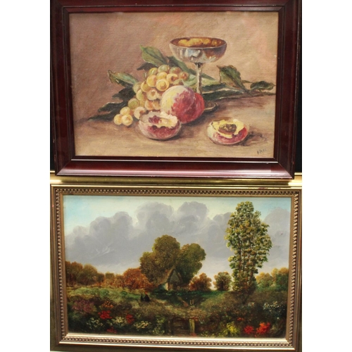 306 - R Pitt Still Life, Ripe Fruit and Champagne Coupe signed, oil on canvas, 24.5cm x 34.5cm; English Sc... 