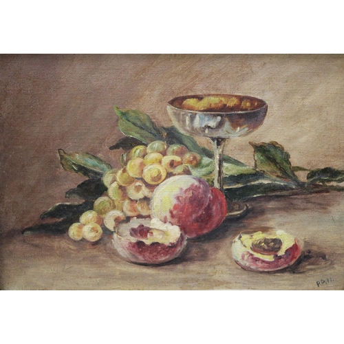 306 - R Pitt Still Life, Ripe Fruit and Champagne Coupe signed, oil on canvas, 24.5cm x 34.5cm; English Sc... 