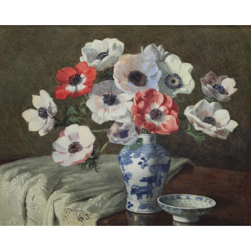 314 - Winifred J Jones Anemones with Chinese Porcelain signed, watercolour, 31.5cm x 39.5cm