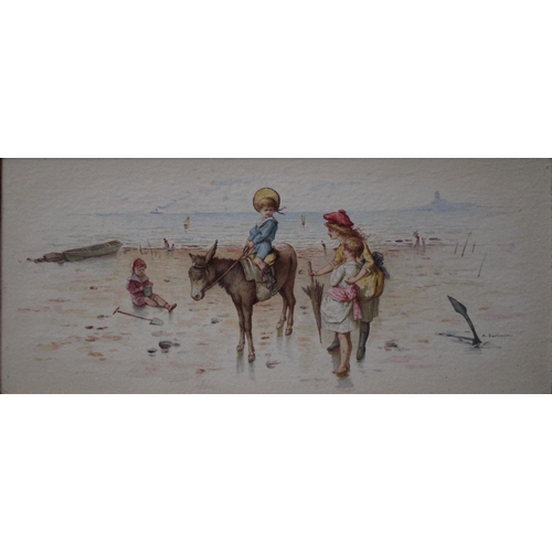 319 - A late 19th century Continental porcelain rectangular plaque, painted with children at the seaside, ... 