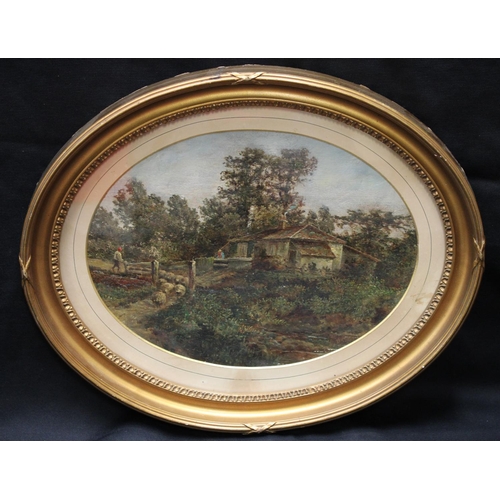 40 - English School (19th century) Letting Out the Flock oil on canvas laid on board, oval 23cm x 30.5cm