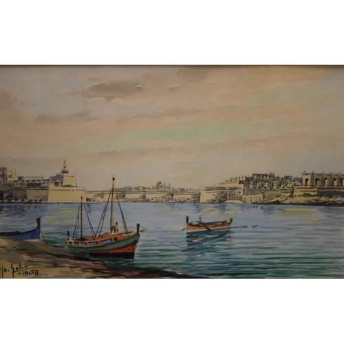 62 - L M Galea Valletta Harbour, Malta signed and inscribed, watercolour, 17.5cm x 27.5cm