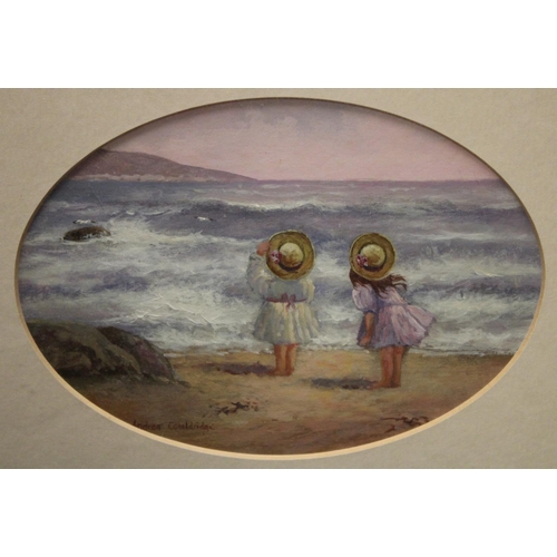 64 - Andrea Coulridge (Bn.1955) Looking Out to Sea, Two Young Girls on the Beach signed oil on board, ova... 