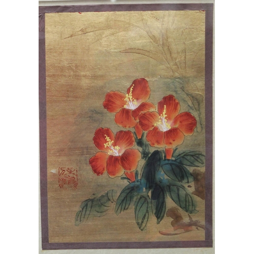 68 - Chinese School Study of Hibiscus red seal mark, watercolour on gilt ground, 24cm x 16.5cm