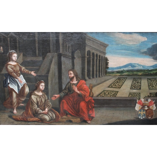 71 - French School (18th century) A Benediction, Christ in a Formal Garden armorial cartouche, oil on can... 