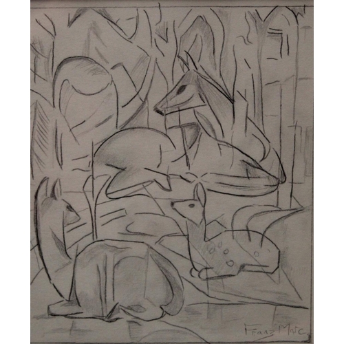 72 - F Marc Expressionist Composition, Deer in a Wood bears signature. pencil drawing, 19.5cm x 16.5cm