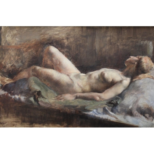 76 - Julien D** Reclining Nude indistinctly signed, oil on board, 35.5cm x 53.5cm