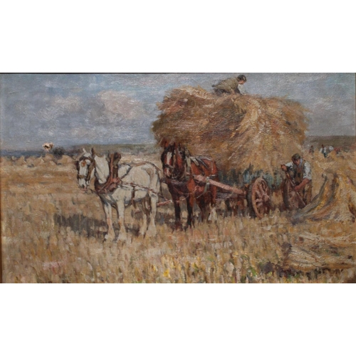 82 - James W Booth (1867 - 1953) Harvesting  signed, titled, oil on canvas, 26.5cm x 44cm