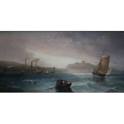 84 - English School (19th century) Rowing and Sailing Boats, off the coast oil on canvas, 55cm x 113cm