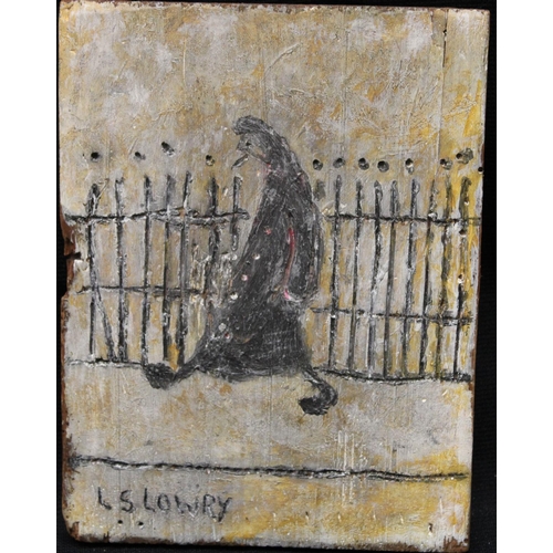 86 - Lowry Figure Walking bears signature, oil on panel, 17cm x 13cm