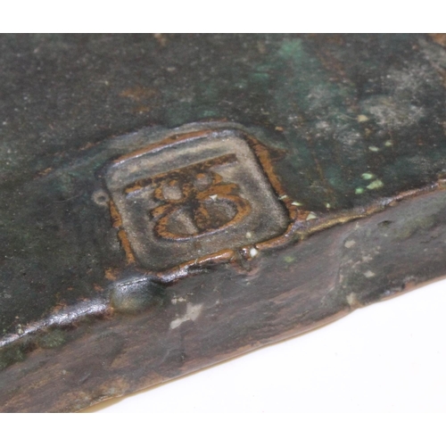 92 - Modern British School, a verdigris patinated bronze, of an artisan, rectangular base, signed in the ... 