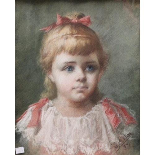 101 - J. Allar, Girl with Red Ribbon, signed, dated 92, pastel, 43cm x 35cm