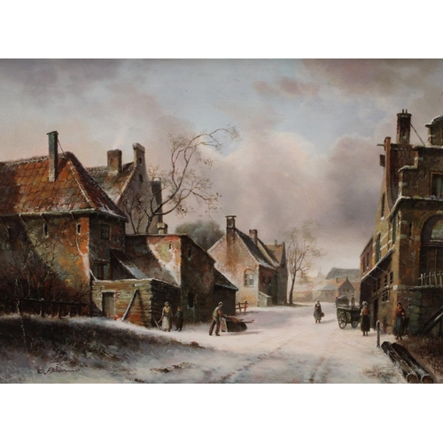 109 - K Adams, contemporary Dutch Winter Street scene signed, oil on board, 29cm x 39cm