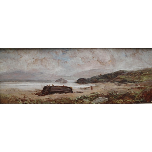 49 - English School Beached Fishing Boat oil on board, 22cm x 60cm;  etc (2)