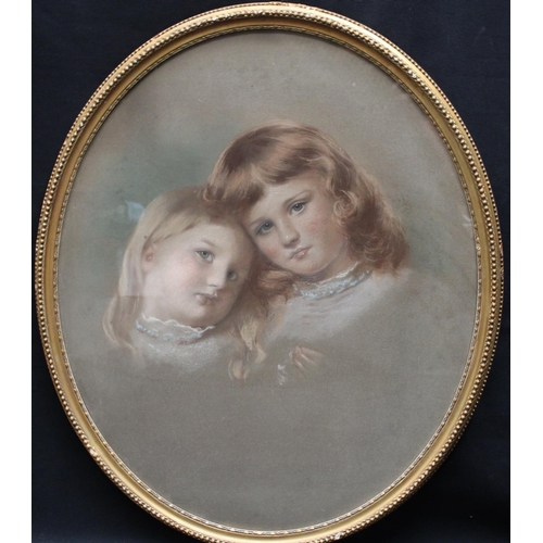 65 - English school, late 19th, early 20th century, Two Sisters, oval, pastel, 59cm x 48cm