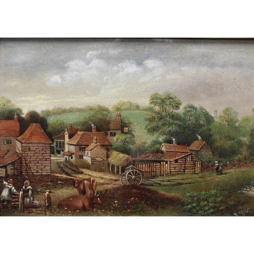 73 - G A Stubbs (English Primitive School, 19th century) Farmyard with Cattle signed, oil on mahogany pan... 