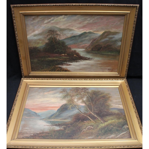 83 - H Graham (19th/early 20th century) A pair, Sheep in the Highlands signed, oils on board, 49cm x 75.5... 