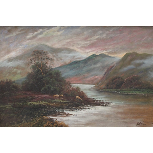 83 - H Graham (19th/early 20th century) A pair, Sheep in the Highlands signed, oils on board, 49cm x 75.5... 